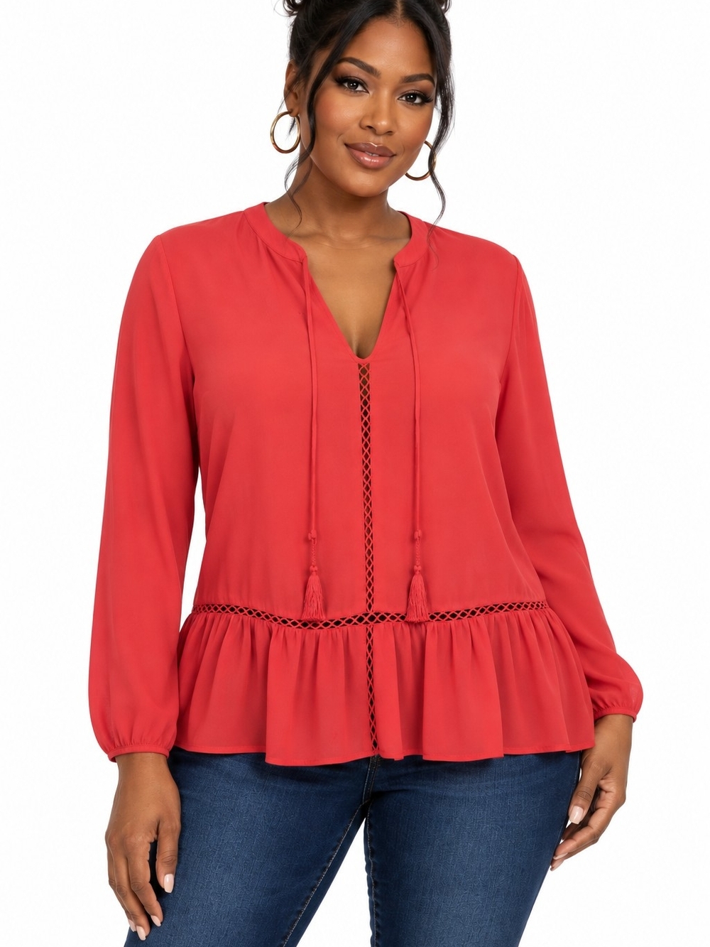 Coral Boho Peplum Blouse XL – Tassel Tie Crochet Trim Ruffle Hem